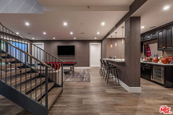 Billiard Table, Game Room, Interior, Pendant Lights, Recessed Lighting, Wood Texture Flooring