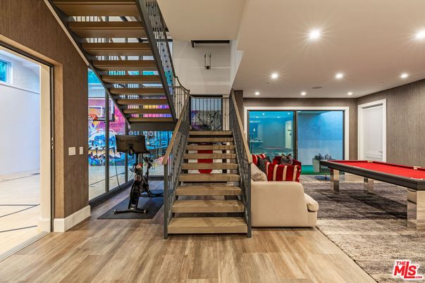 Billiard Table, Fitness Equipment, Game Room, Interior, Recessed Lighting, Wood Texture Flooring