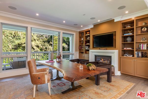 Fireplace, Home Office, Interior, Recessed Lighting, Wood Texture Flooring