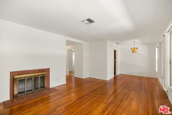 Chandelier, Empty room, Fireplace, Interior, Wood Texture Flooring