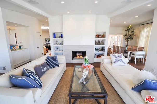 Dining room, Fireplace, Interior, Living room, Recessed Lighting, Wood Texture Flooring