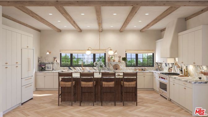 Interior, Kitchen, Pendant Lights, Recessed Lighting, Stainless Steel Appliances, Wooden Beams, Wood Texture Flooring