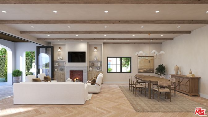Chandelier, Dining room, Fireplace, Interior, Living room, Pendant Lights, Recessed Lighting, Wooden Beams, Wood Texture Flooring