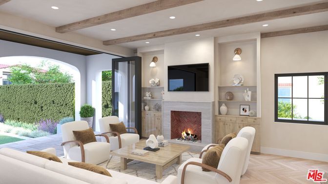Fireplace, Interior, Living room, Recessed Lighting, Wooden Beams, Wood Texture Flooring