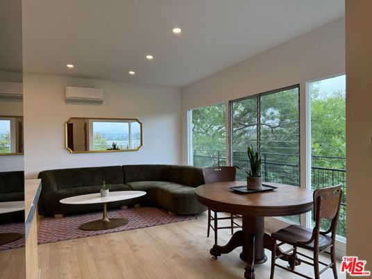 Dining room, Interior, Living room, Recessed Lighting, Wood Texture Flooring