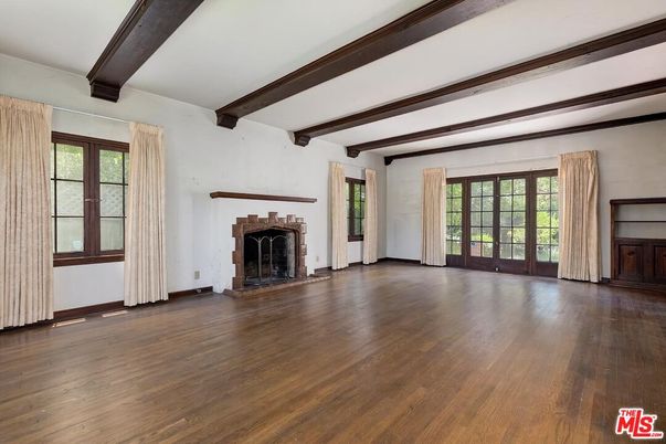 Empty room, Fireplace, Interior, Wooden Beams, Wood Texture Flooring