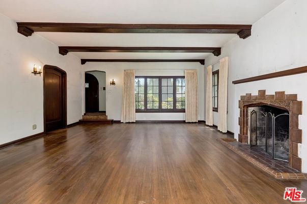 Empty room, Fireplace, Interior, Wooden Beams, Wood Texture Flooring