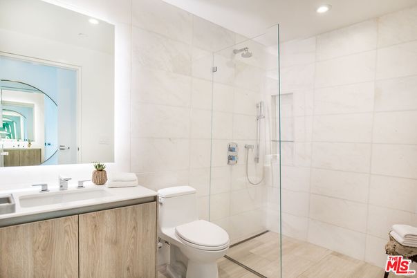 Bathroom, Glass Shower, Interior, Recessed Lighting, Wood Texture Flooring