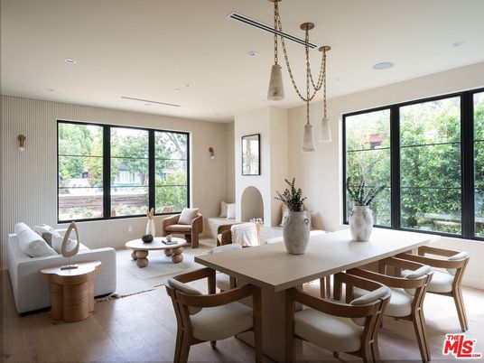 Dining room, Interior, Living room, Pendant Lights, Recessed Lighting, Wood Texture Flooring