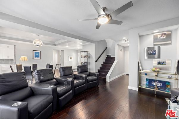 Home Theatre Room, Interior, Living room, Pendant Lights, Recessed Lighting, Wood Texture Flooring