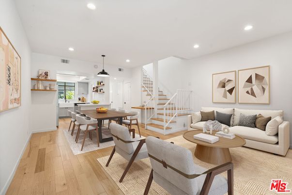 Dining room, Interior, Living room, Pendant Lights, Recessed Lighting, Wood Texture Flooring