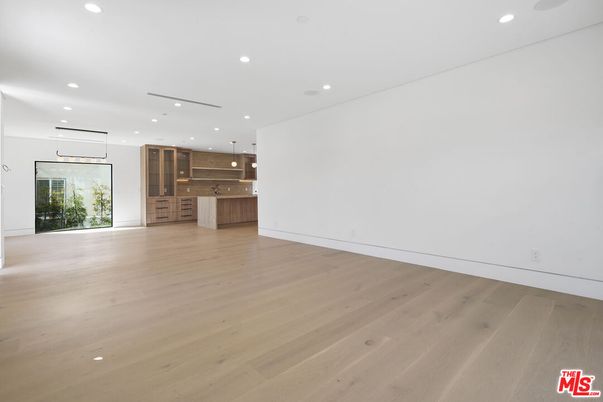 Empty room, Interior, Kitchen, Pendant Lights, Recessed Lighting, Wood Texture Flooring