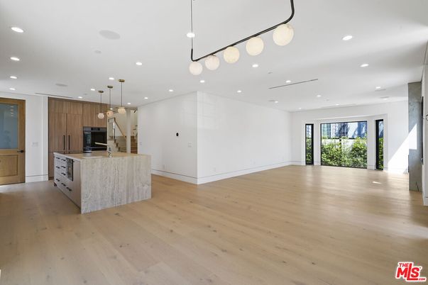 Empty room, Interior, Kitchen, Pendant Lights, Recessed Lighting, Wood Texture Flooring