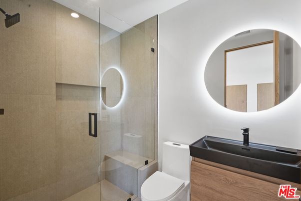 Bathroom, Glass Shower, Interior, Recessed Lighting, Wood Texture Flooring