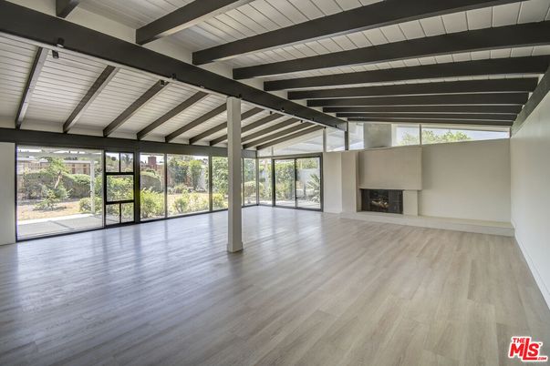 Empty room, Fireplace, Interior, Wooden Beams, Wood Texture Flooring