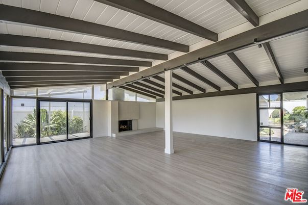 Empty room, Fireplace, Interior, Wooden Beams, Wood Texture Flooring