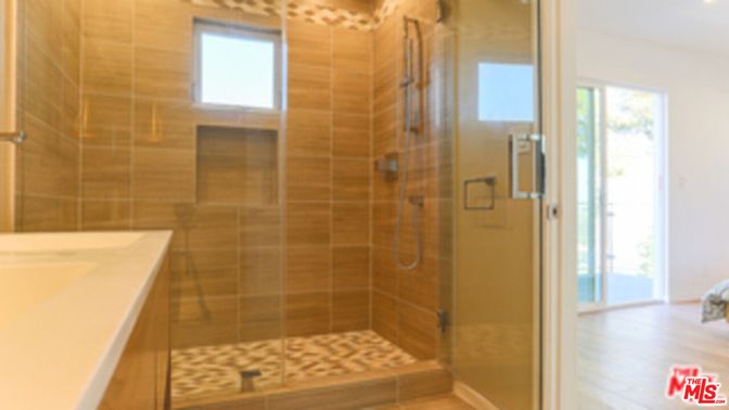Bathroom, Glass Shower, Interior, Recessed Lighting, Wood Texture Flooring
