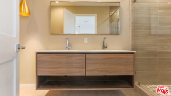 Bathroom, Dual Sink Vanities, Glass Shower, Interior, Pendant Lights, Wood Texture Flooring