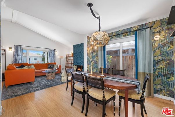 Dining room, Fireplace, Interior, Living room, Pendant Lights, Wood Texture Flooring