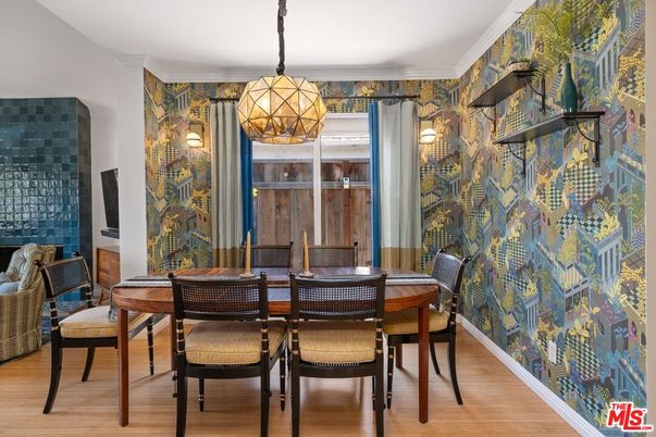 Dining room, Interior, Pendant Lights, Wood Texture Flooring