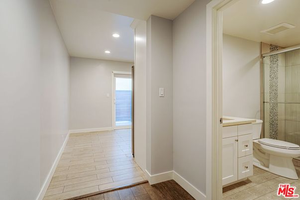 Bathroom, Glass Shower, Interior, Recessed Lighting, Wood Texture Flooring