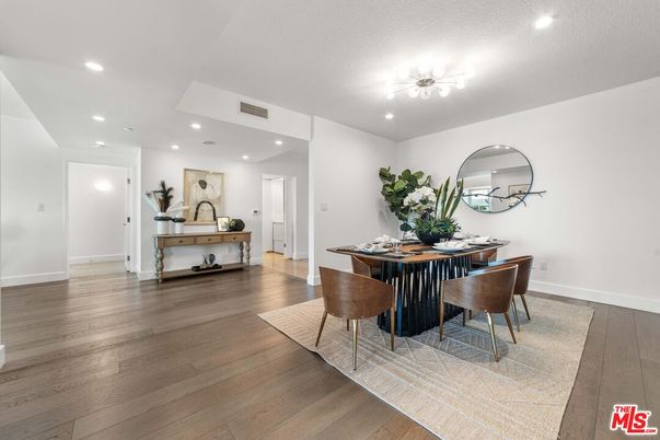 Dining room, Interior, Recessed Lighting, Wood Texture Flooring