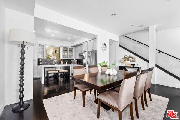 Dining room, Interior, Kitchen, Recessed Lighting, Stainless Steel Appliances, Wood Texture Flooring