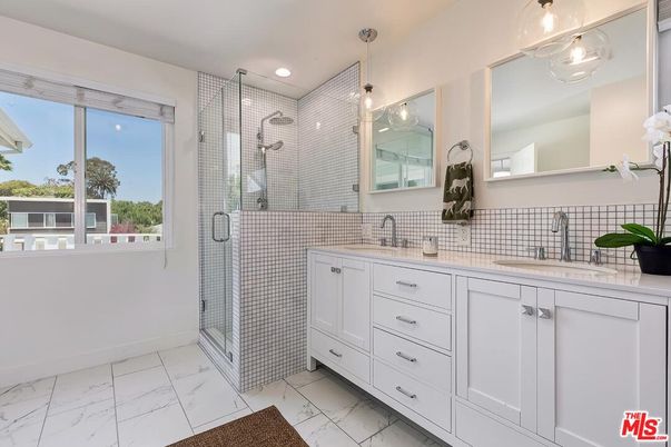 Bathroom, Dual Sink Vanities, Glass Shower, Interior, Marble, Recessed Lighting