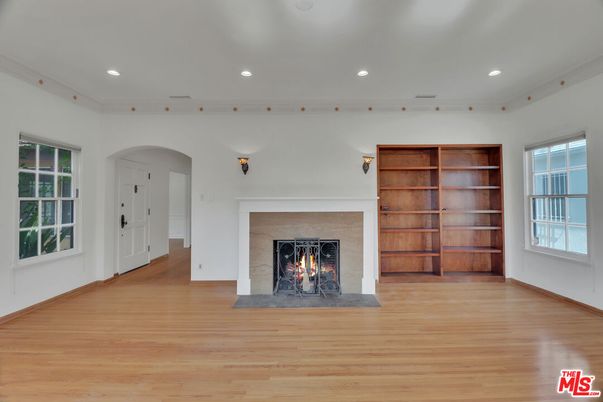 Empty room, Fireplace, Interior, Recessed Lighting, Wood Texture Flooring