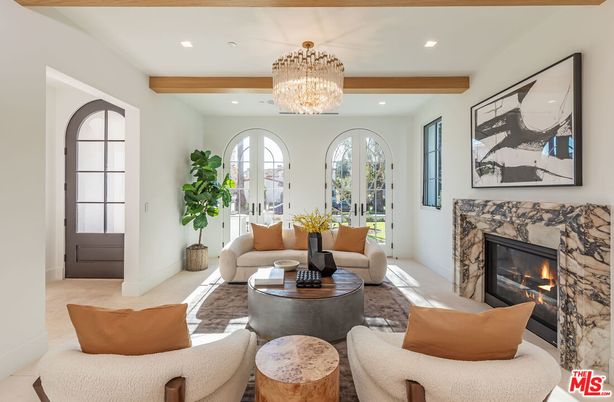 Chandelier, Fireplace, Interior, Living room, Recessed Lighting, Wooden Beams