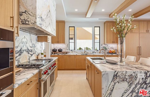 Interior, Kitchen, Marble Walls, Recessed Lighting, Stainless Steel Appliances, Wooden Beams