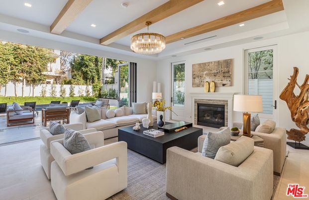 Chandelier, Fireplace, Interior, Living room, Recessed Lighting, Wooden Beams
