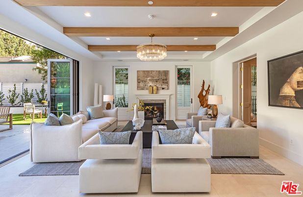 Chandelier, Fireplace, Interior, Living room, Recessed Lighting, Wooden Beams