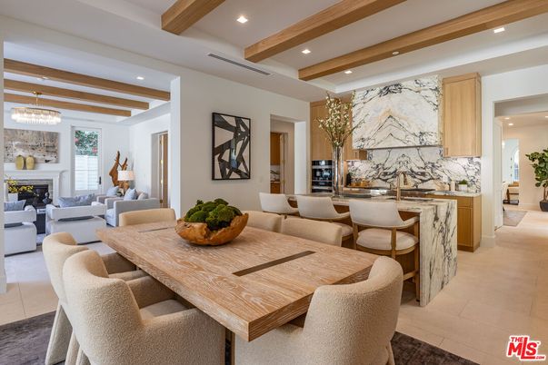 Chandelier, Dining room, Fireplace, Interior, Kitchen, Living room, Marble Walls, Recessed Lighting, Wooden Beams
