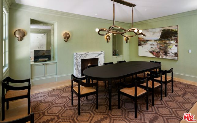 Dining room, Fireplace, Interior, Pendant Lights, Recessed Lighting, Wood Texture Flooring