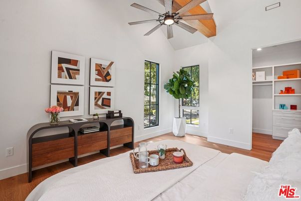 Bedroom, Interior, Recessed Lighting, Wooden Beams, Wood Texture Flooring