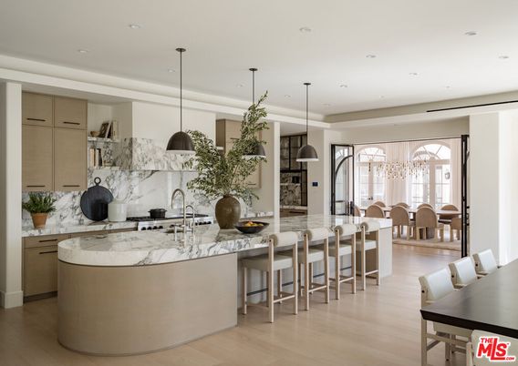 Dining room, Interior, Kitchen, Marble Walls, Pendant Lights, Recessed Lighting, Wood Texture Flooring