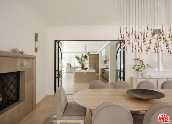 Dining room, Fireplace, Interior, Kitchen, Pendant Lights, Wood Texture Flooring