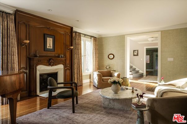 Fireplace, Interior, Living room, Recessed Lighting, Wood Texture Flooring, Wooden Walls