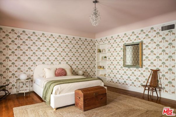 Bedroom, Chandelier, Interior, Wood Texture Flooring