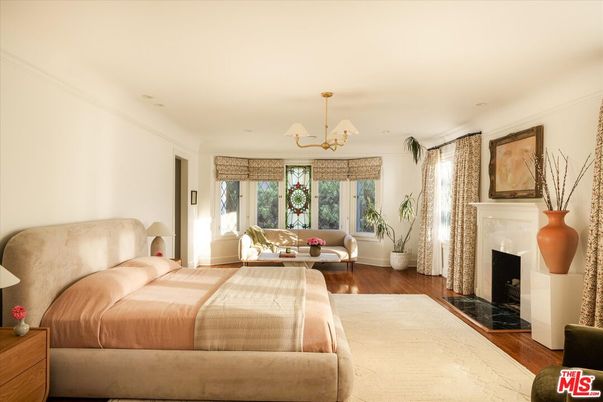 Bedroom, Chandelier, Fireplace, Interior, Wood Texture Flooring