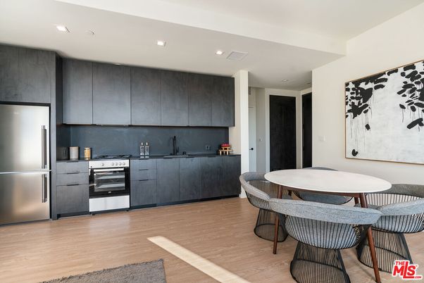 Dining room, Interior, Kitchen, Recessed Lighting, Stainless Steel Appliances, Wood Texture Flooring