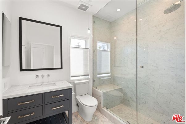 Bathroom, Glass Shower, Interior, Marble, Marble Walls, Pendant Lights, Recessed Lighting
