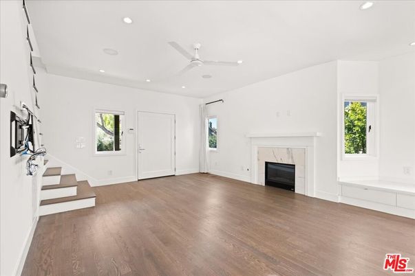 Empty room, Fireplace, Interior, Recessed Lighting, Wood Texture Flooring