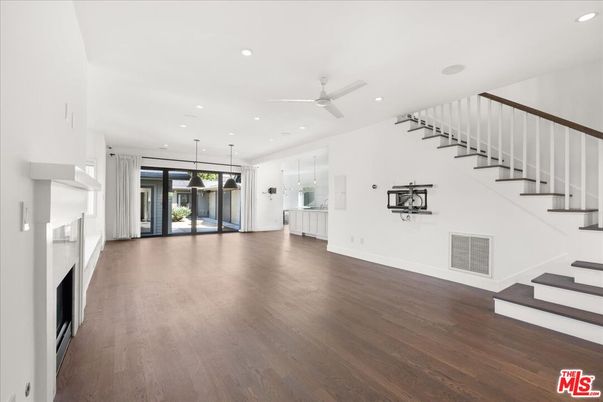 Empty room, Fireplace, Interior, Pendant Lights, Recessed Lighting, Wood Texture Flooring