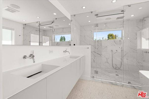 Bathroom, Dual Sink Vanities, Glass Shower, Interior, Marble Walls, Recessed Lighting