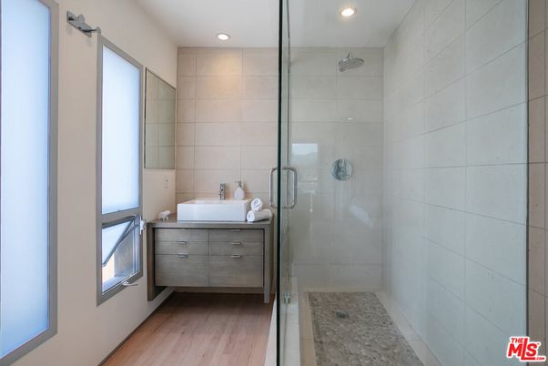 Bathroom, Glass Shower, Interior, Recessed Lighting, Wood Texture Flooring