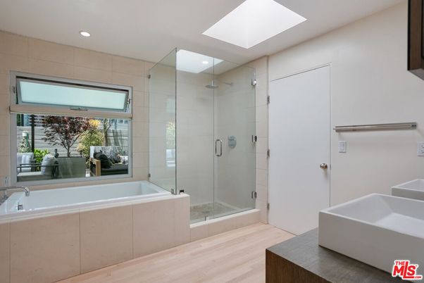 Bathroom, Glass Shower, Interior, Recessed Lighting, Wood Texture Flooring
