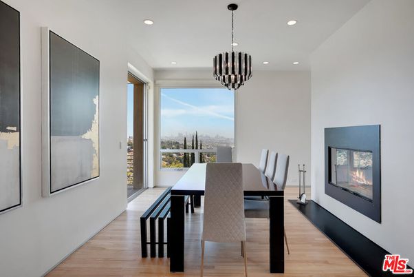 Chandelier, Dining room, Fireplace, Interior, Pendant Lights, Recessed Lighting, Wood Texture Flooring