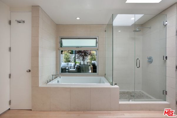 Bathroom, Glass Shower, Interior, Recessed Lighting, Wood Texture Flooring